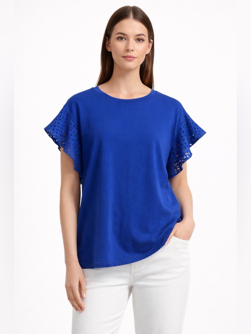 KARL LAGERFELD Paris Blue Eyelet Sleeve Top Blouse Tee Shirt